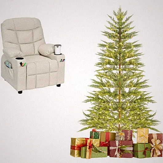 6.5FT Pre-Lit Christmas Tree & Beige Kids Recliner Chair Set Cozy Holiday Bundle