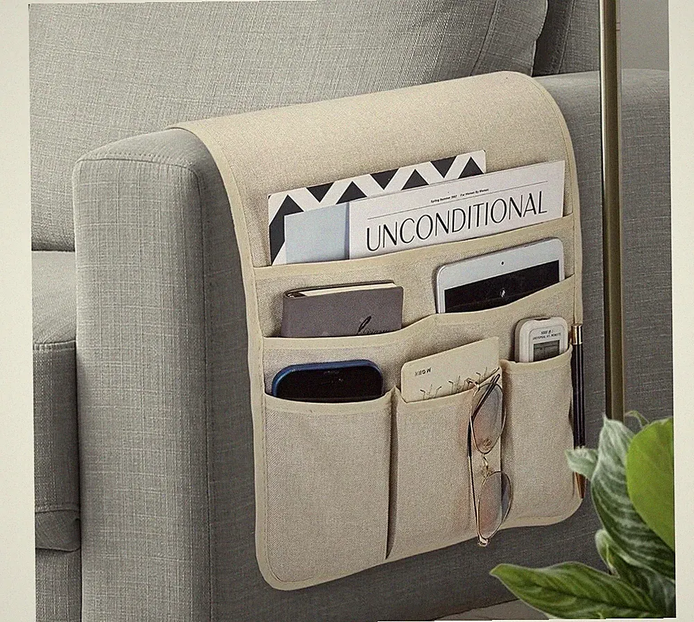 Beige Arm Rest Organizer Remote Control Holder For Recliner, Couch Multi Pocket