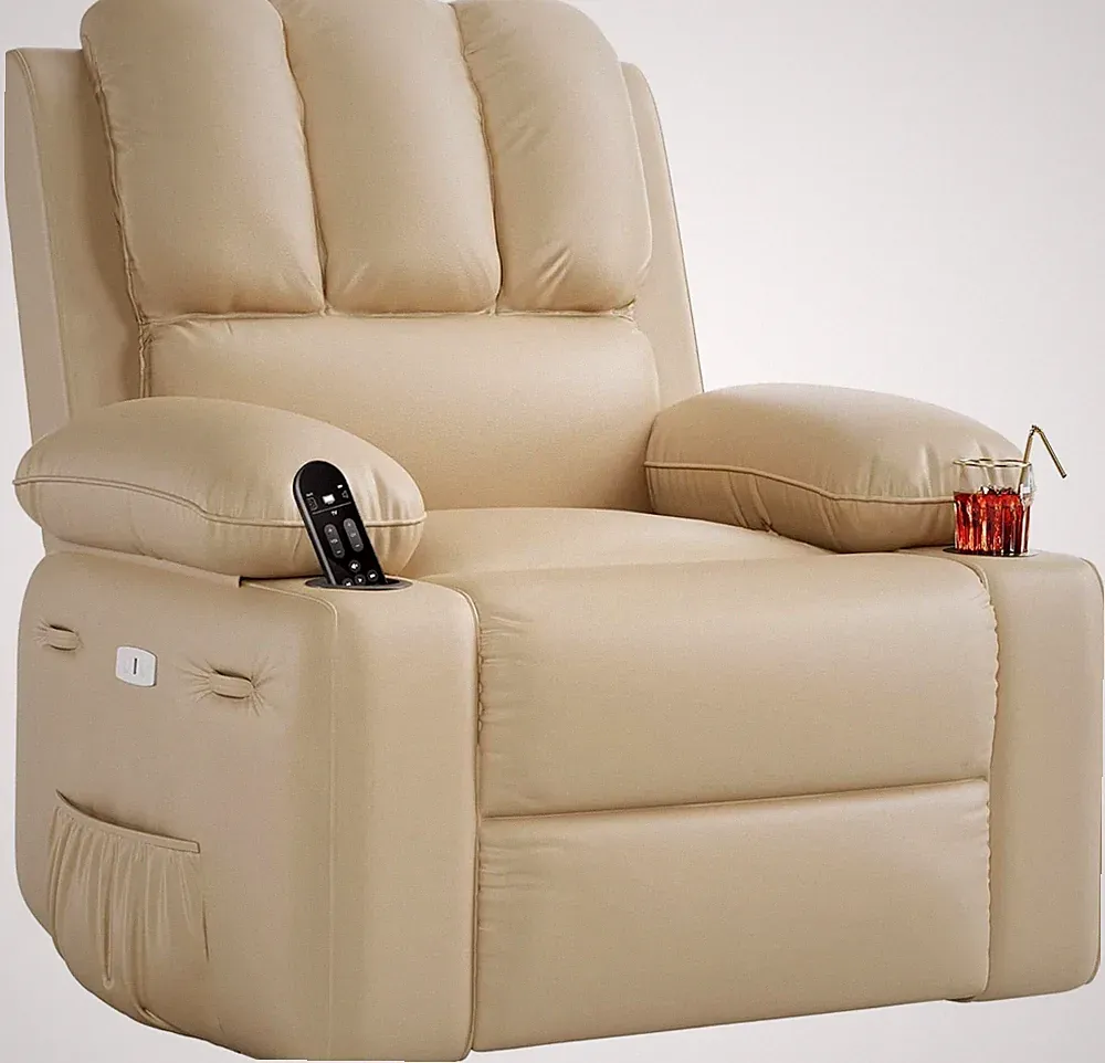 Beige Leather Power Recliner with Massage, Heat, and 360° Swivel Comfort