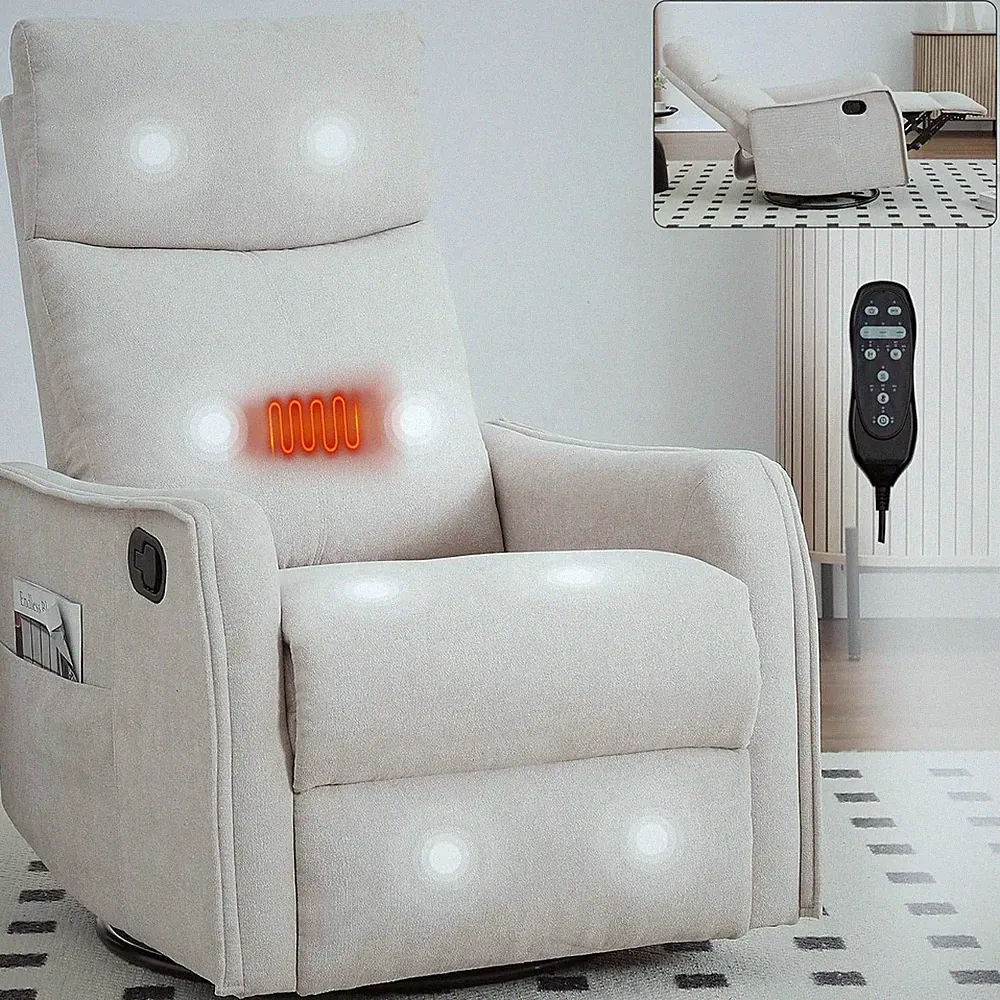 Beige Massage Recliner Chair with Heat & Swivel for Small Spaces