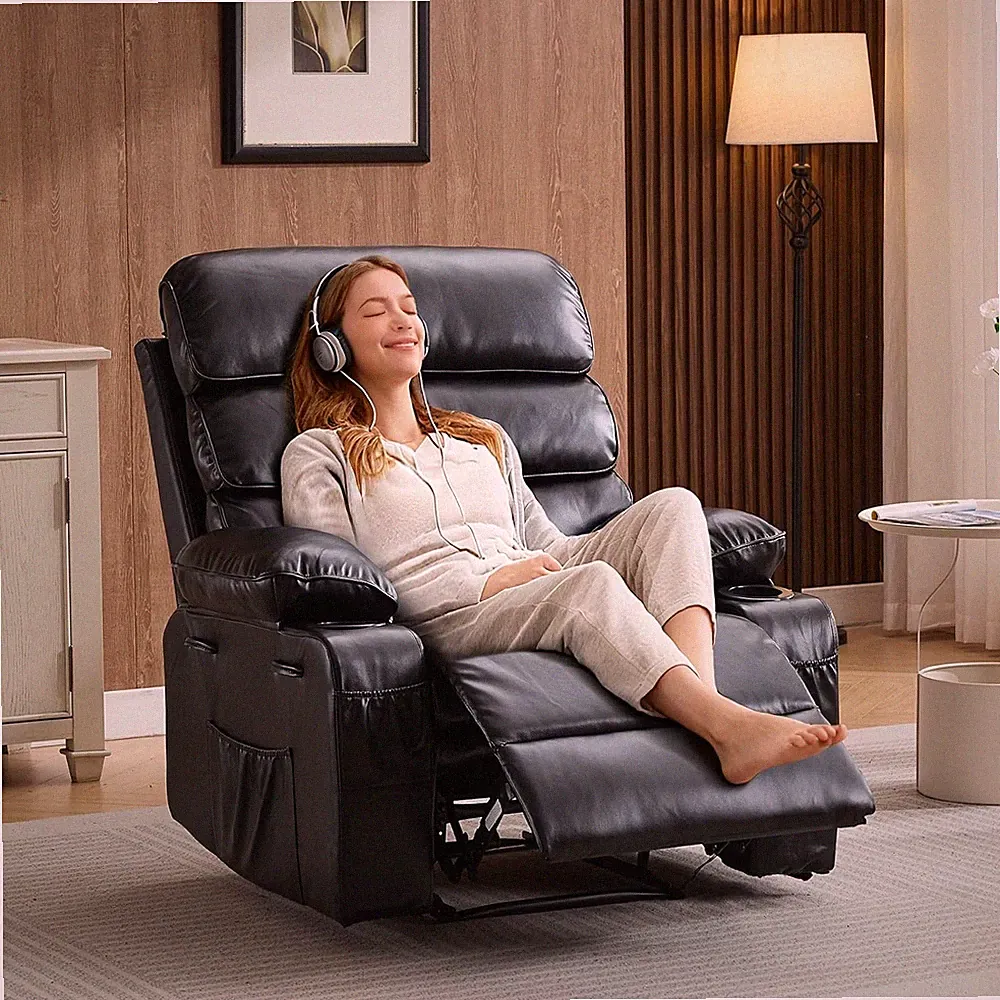 Extra Wide Manual Recliner with Massage & Heat, PU Leather Black for Living Room