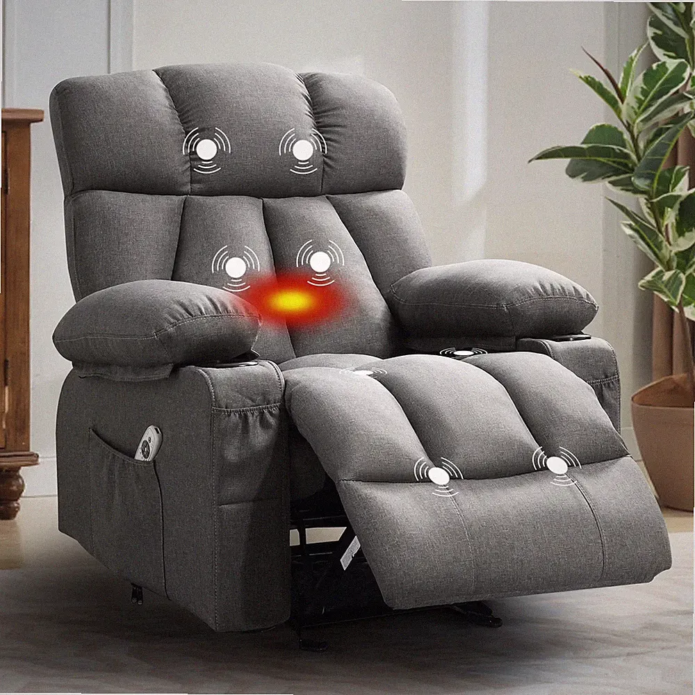 JONPONY Manual Recliner Chair Heat Massage Rocker Sofa Cup Holders Grey