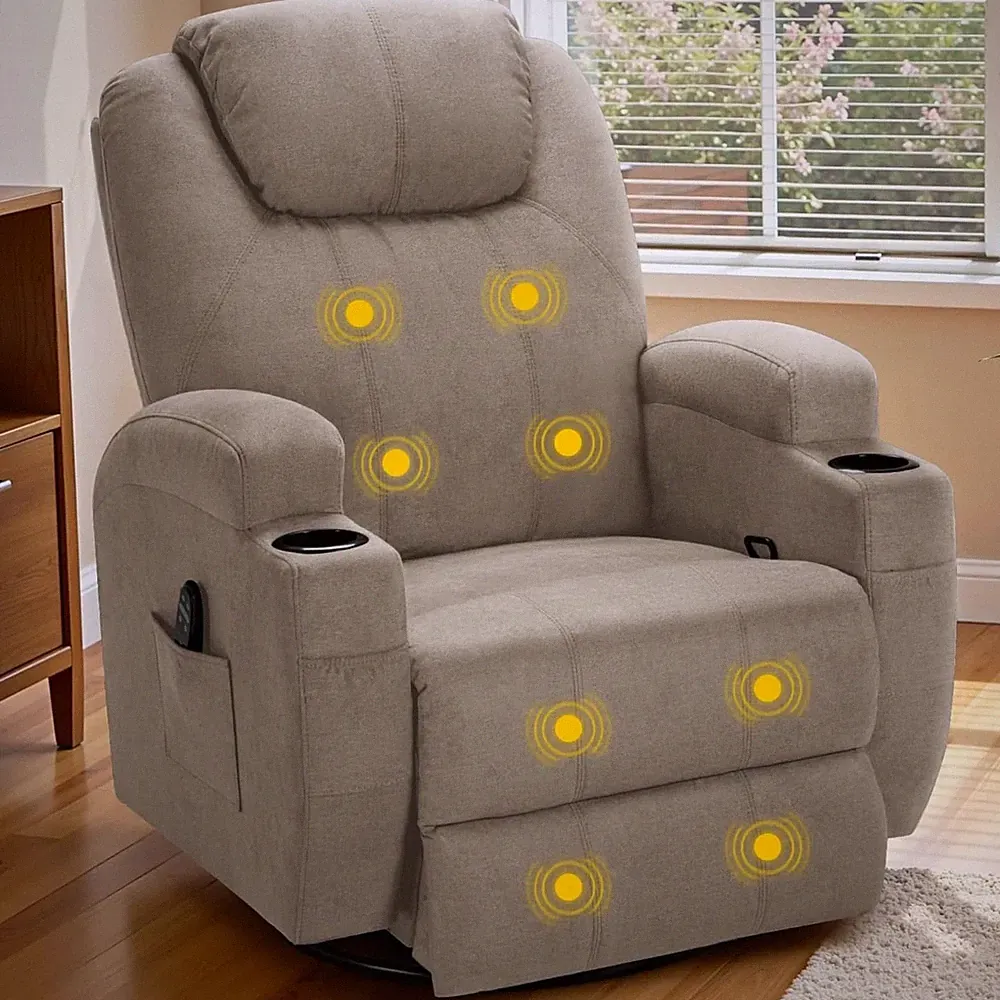 Khaki 360° Swivel Rocker Recliner Chair with Massage & Cup Holders