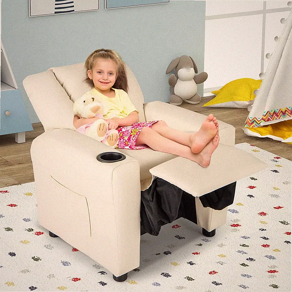 Kids Recliner Chair w/Cup Holder & Side Pocket Adjustable Backrest Footrest