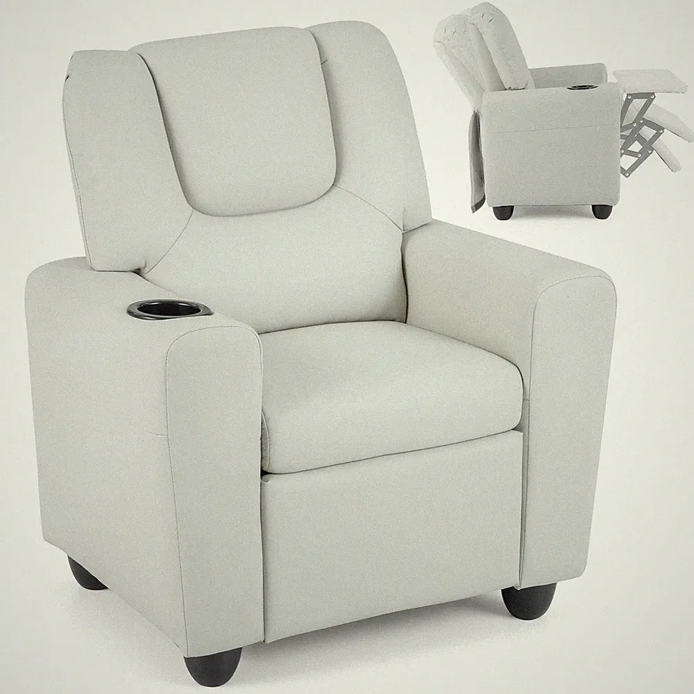 Kids Recliner with Cup Holder PU Leather Kids Reclining Chair-Beige