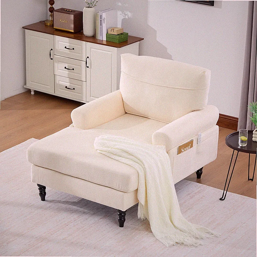 Modern Fabric Upholstered Reclining Chaise Lounge Sofa w/ Backrest & Armrests