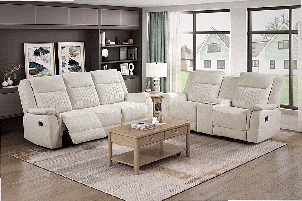 NEW Beige White 2PC Sofa Loveseat Polished Microfiber Living Room Recliner Set