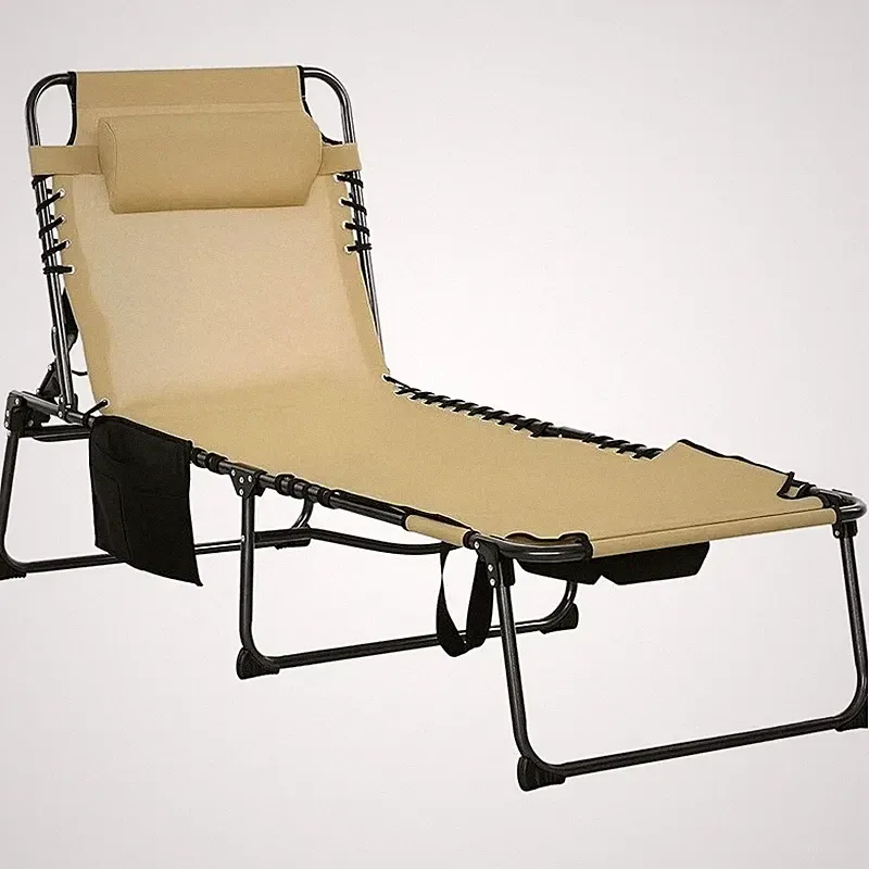Outdoor Sun Lounger Adjustable Backrest Foldable Lounge Chair W/ Storage Pocket