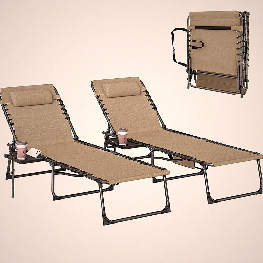 Outsunny Folding Sun Loungers with 5-Level Back, Cup Holder, Beige